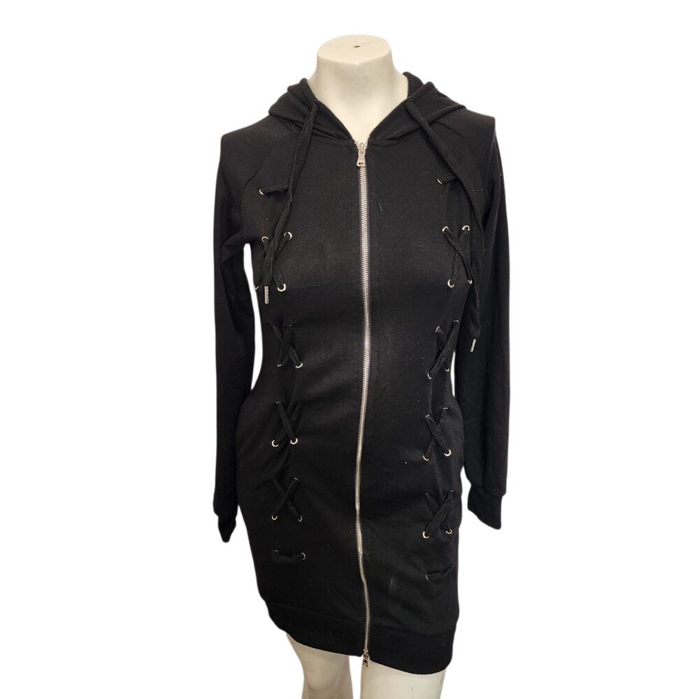Red Fox Black Lace Up Hoodie Dress Zip Goth Grunge Bodycon Size S